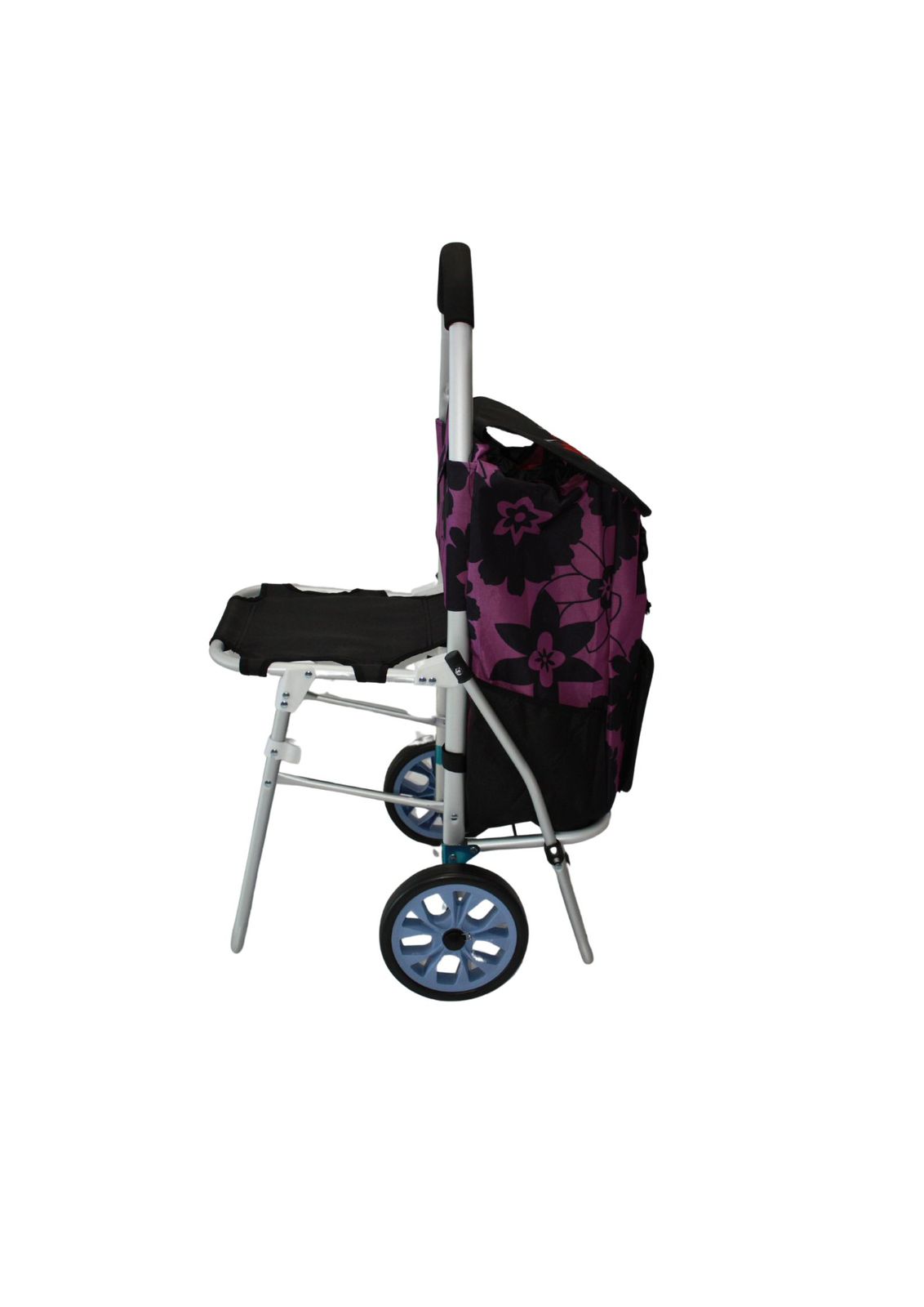 Trolley with flower fabric and aluminium frame, wheeled with foldout seat