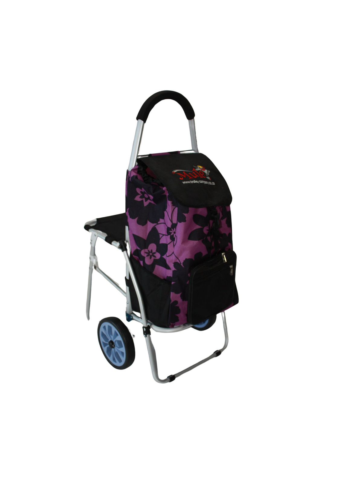 Trolley with flower fabric and aluminium frame, wheeled with foldout seat