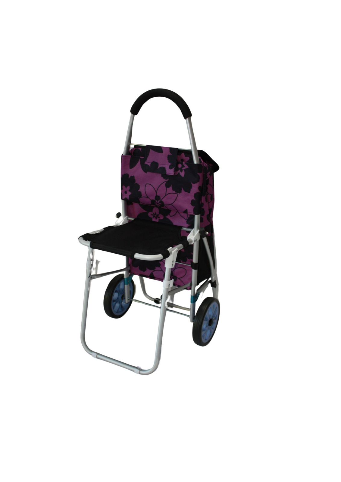 Trolley with flower fabric and aluminium frame, wheeled with foldout seat