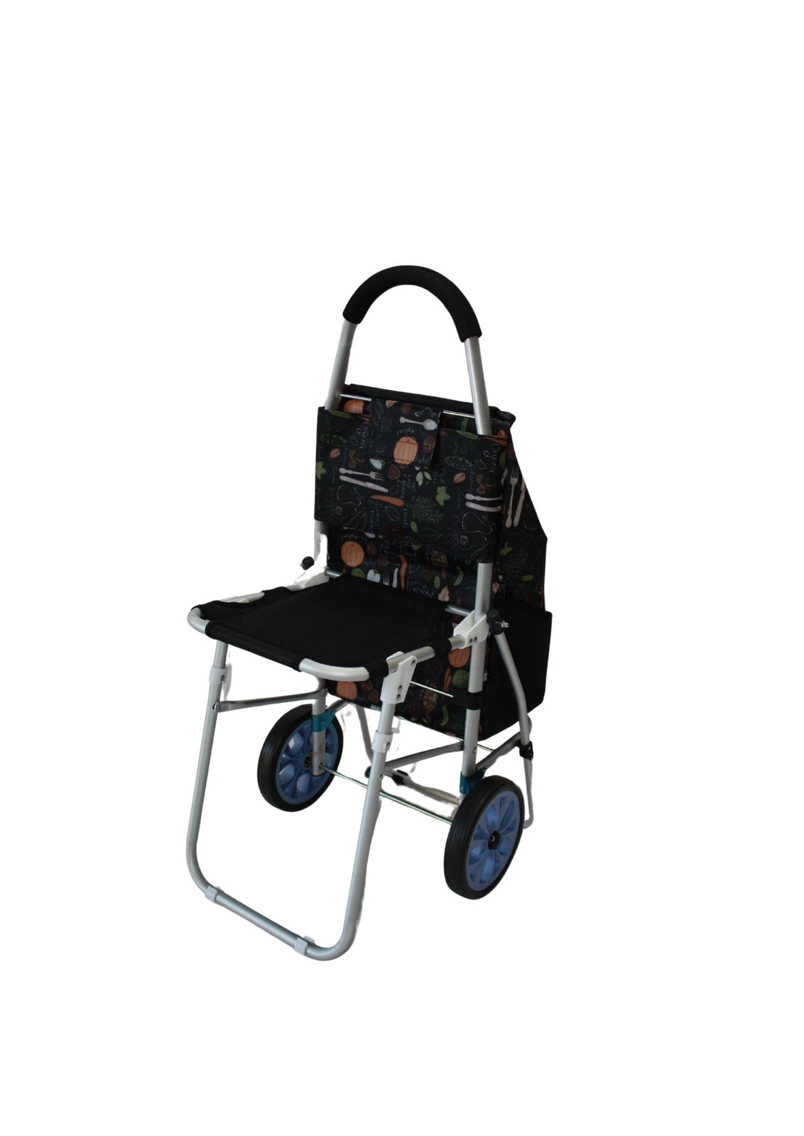 Trolley with flower fabric and aluminium frame, wheeled with foldout seat