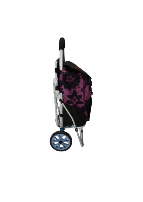 Trolley with flower fabric and aluminium frame, wheeled with foldout seat