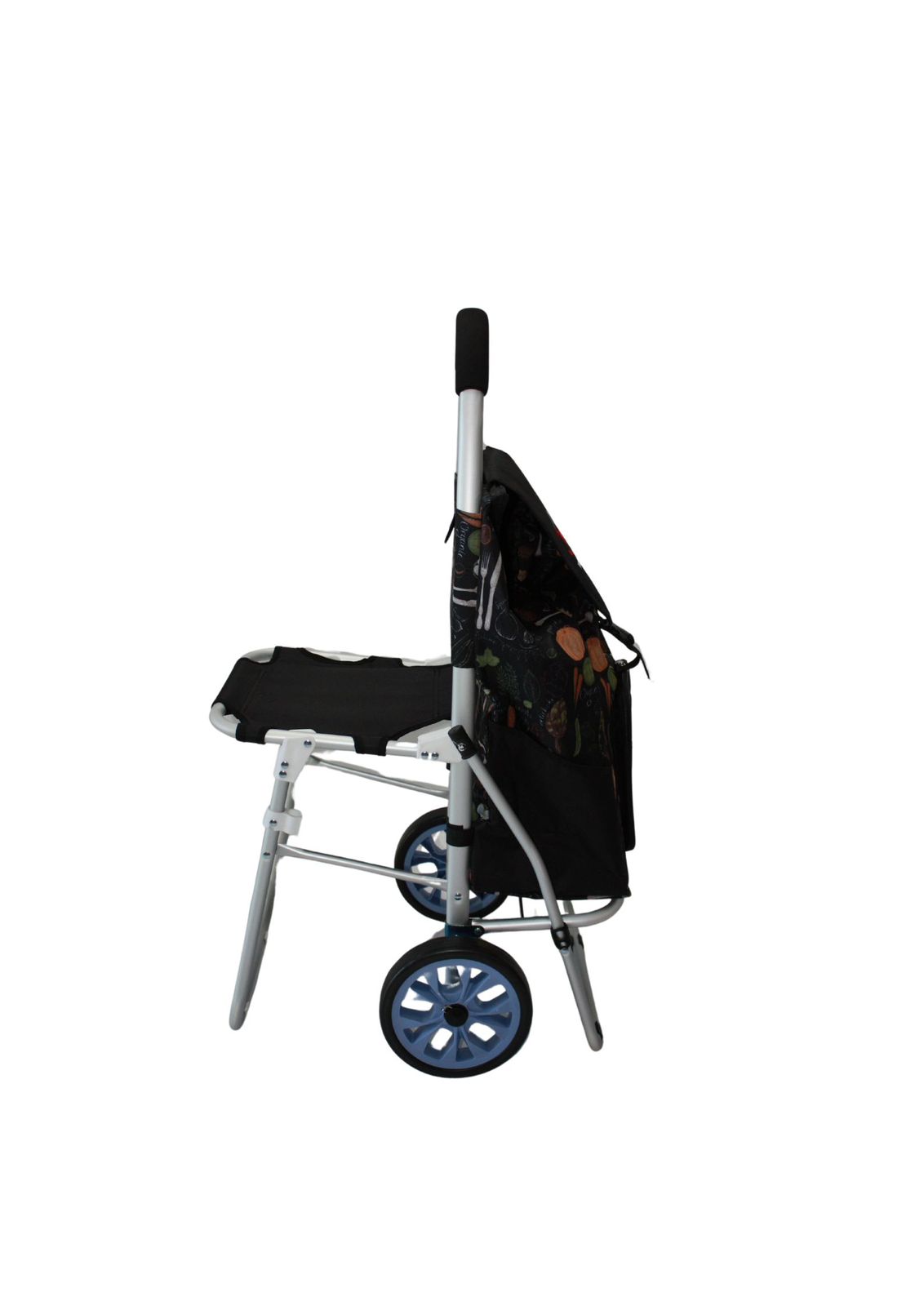 Trolley with flower fabric and aluminium frame, wheeled with foldout seat