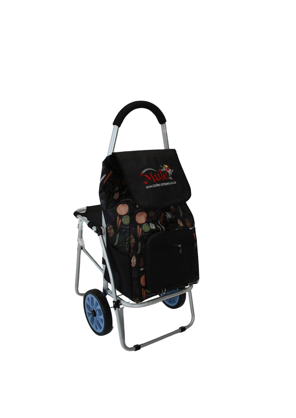 Trolley with flower fabric and aluminium frame, wheeled with foldout seat